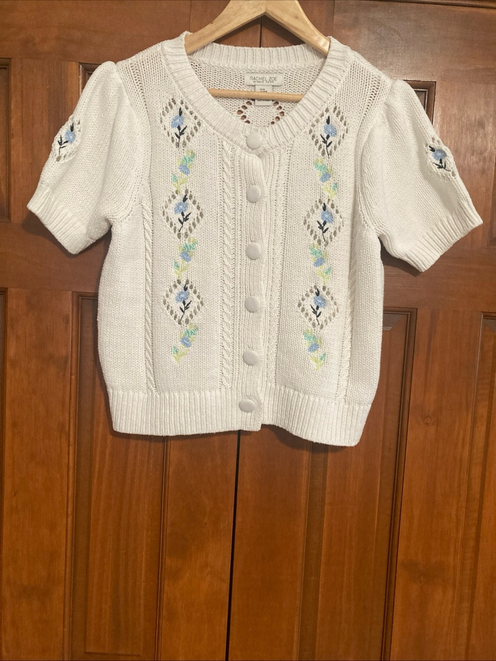Rachel Zoe Short-Sleeve white Knit Cardigan floral Embroidery women’s medium